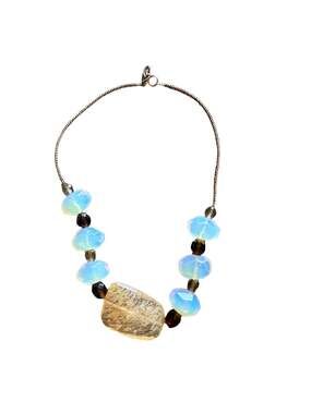Natural Faceted Opalite and Smoky Quartz Beaded Necklace with Centerpiece Stone